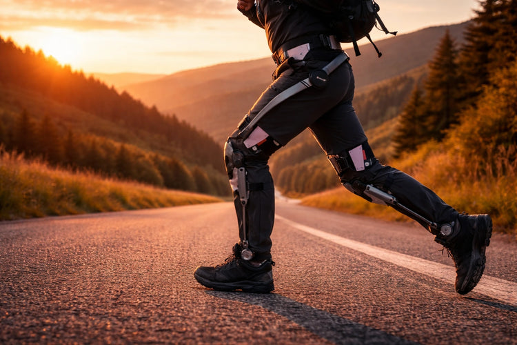 Personne portant un exosquelette pour les jambes sur une route au coucher du soleil, avec des montagnes et des arbres en arrière-plan.